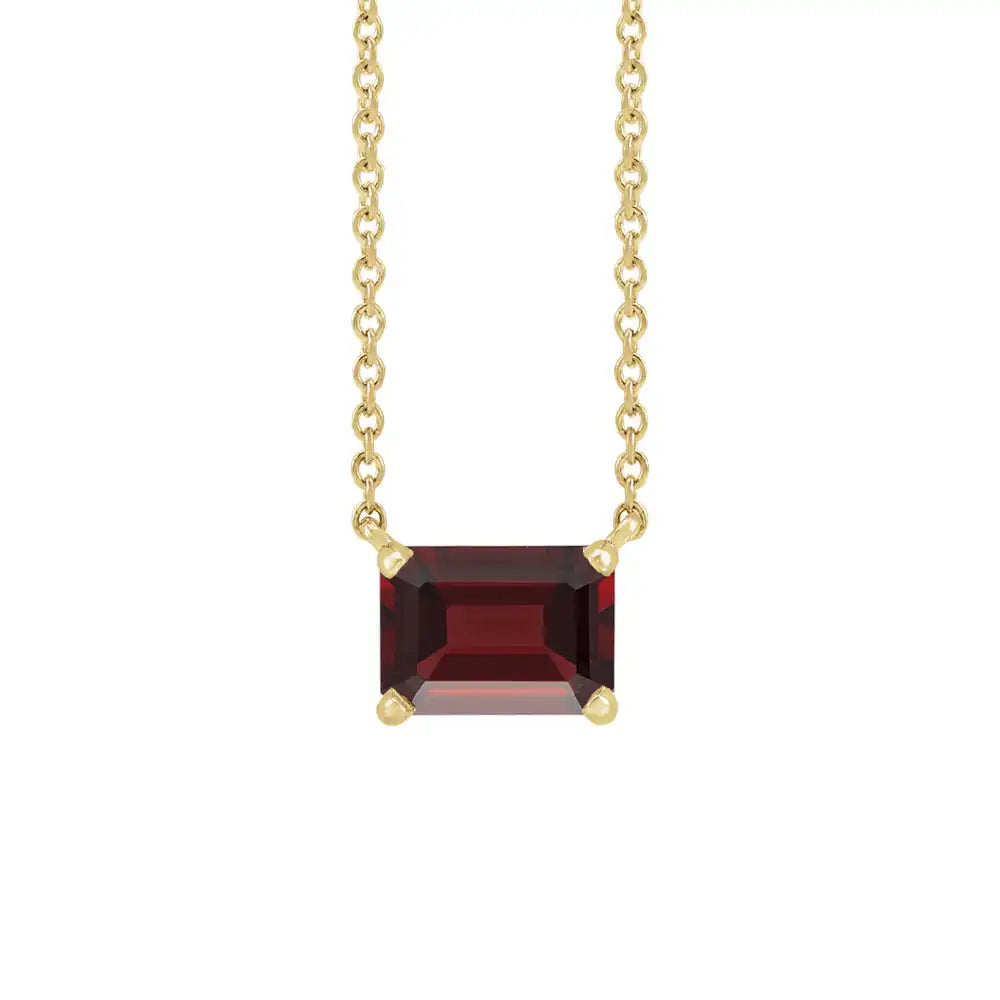 Emerald-cut garnet birthstone necklace set in 14K yellow gold with vertical minimalist pendant design variant--14K-yellow-gold variant--garnet