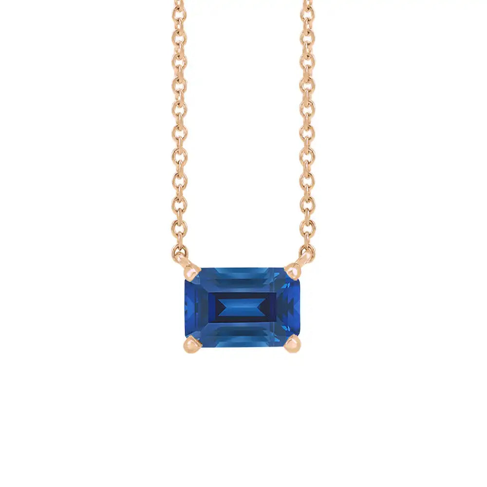 Emerald-cut sapphire birthstone necklace set in 14K rose gold with vertical minimalist pendant design variant--14K-rose-gold variant--Sapphire