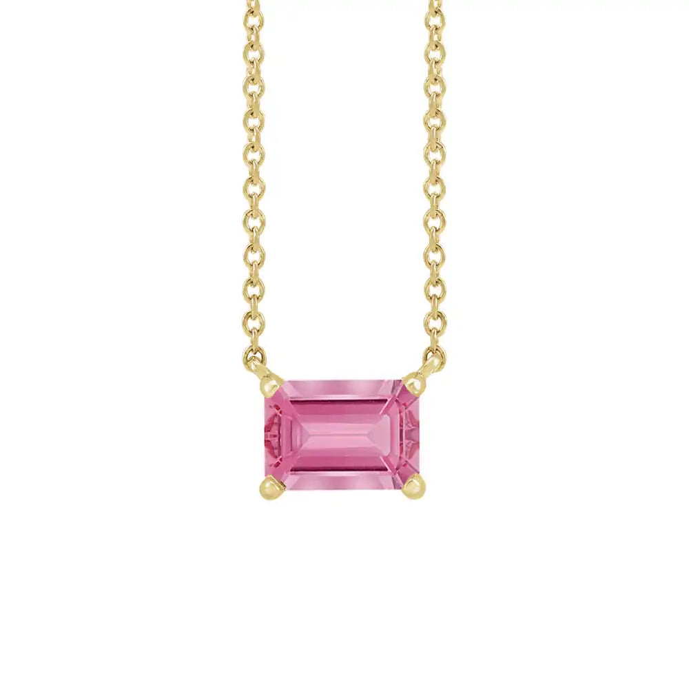 Emerald-cut tourmaline birthstone necklace set in 14K yellow gold with vertical minimalist pendant design variant--14K-yellow-gold variant--Tourmaline