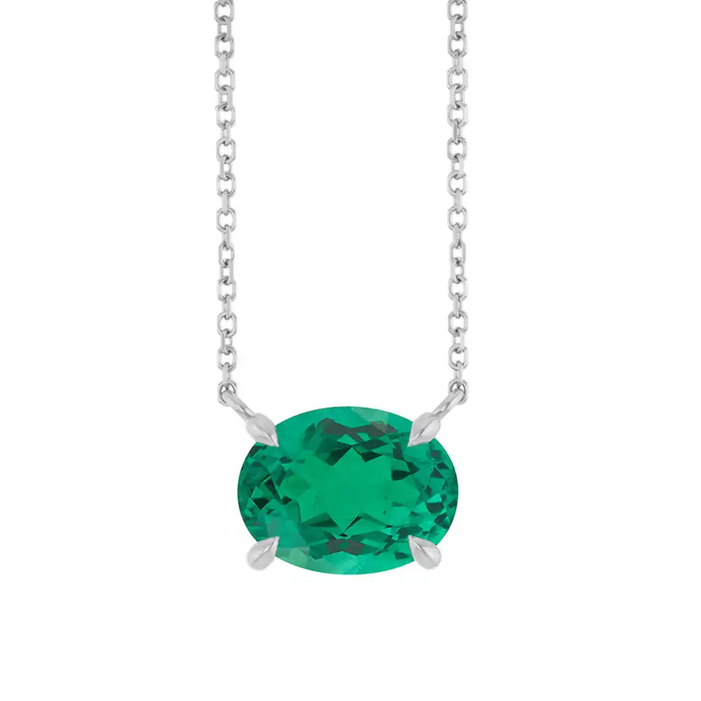 Silver Natural emerald gemstone necklace in east west prong design variant--Sterling-silver variant--Emerald