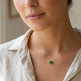 Oval emerald prong-set necklace on fine gold chain on model variant--14K-rose-gold variant--14K-white-gold variant--14K-yellow-gold variant--Sterling-silver variant--Emerald