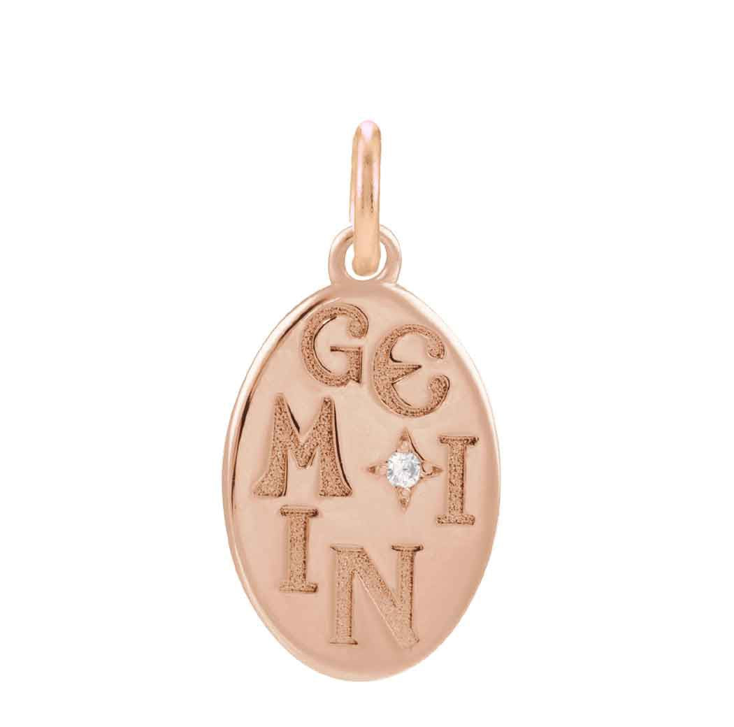 14K rose gold Gemini zodiac charm with diamond accent, gift-ready