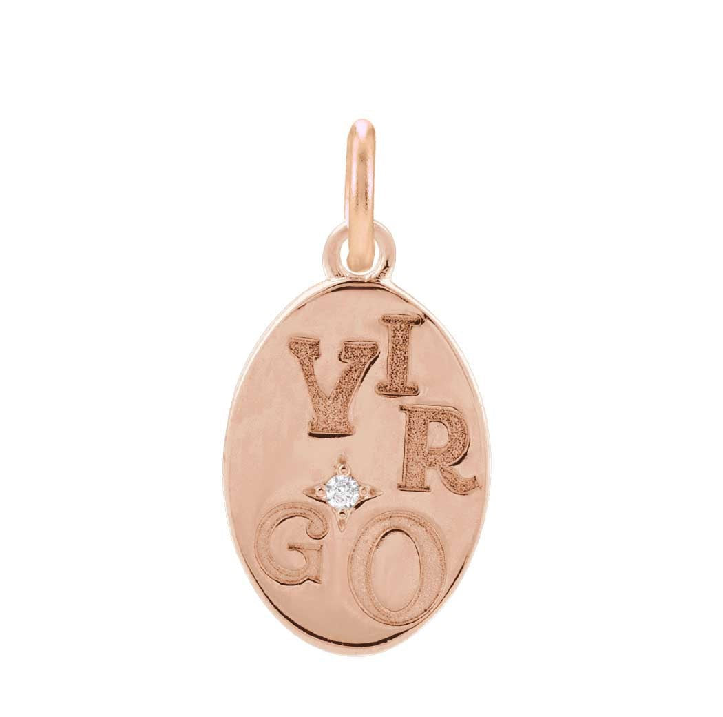 Modern zodiac necklace charm with deeply engraved Virgo sign in 14K rose gold variant--14K-rose-gold