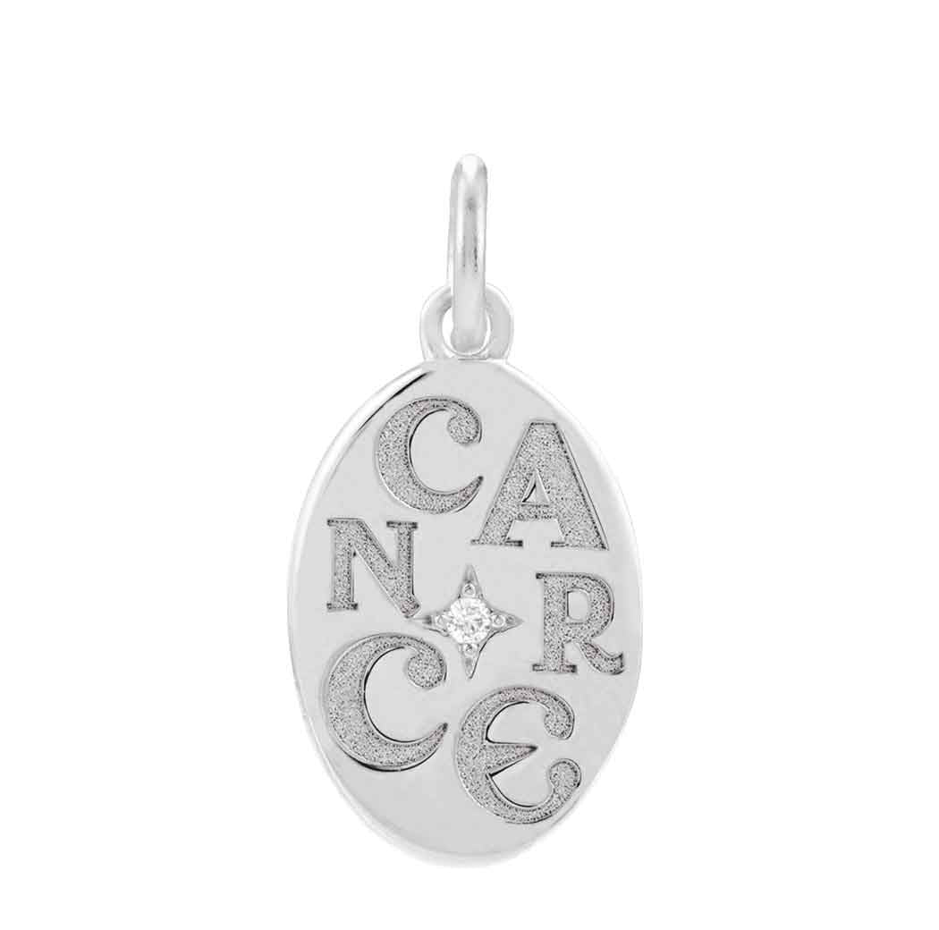 Minimalist Cancer zodiac charm engraved in 14K white gold, perfect for layered necklaces