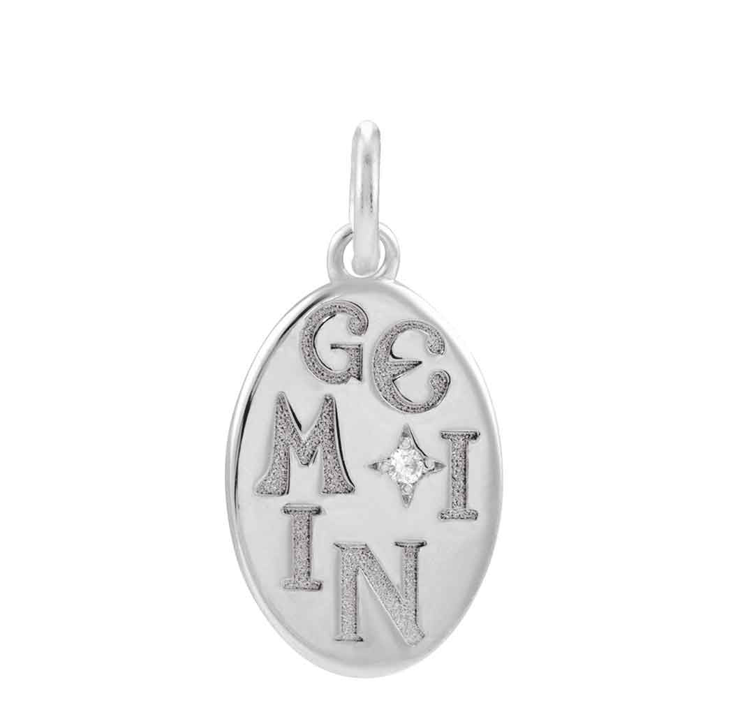 14K white gold Gemini zodiac charm with diamond accent, gift-ready