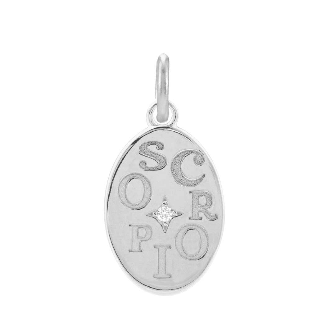 14K white gold Scorpio zodiac charm with diamond accent, gift-ready