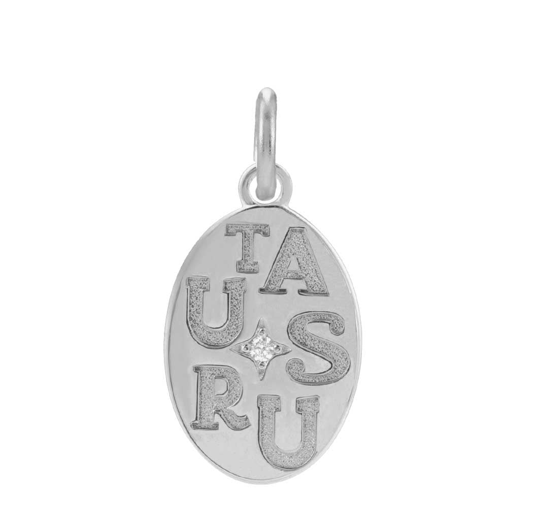 14K white gold Taurus zodiac charm with diamond accent, gift-ready