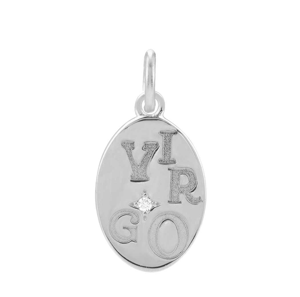 14K white gold Virgo zodiac charm with diamond accent, gift-ready