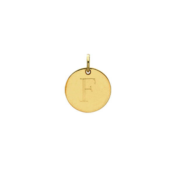 Engraved initial F disc charm in gold-fill, front view variant--F variant--Gold-fill