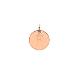 Engraved initial F disc charm in rose gold-fill, front view gold-fill variant--F variant--Rose-gold-fill