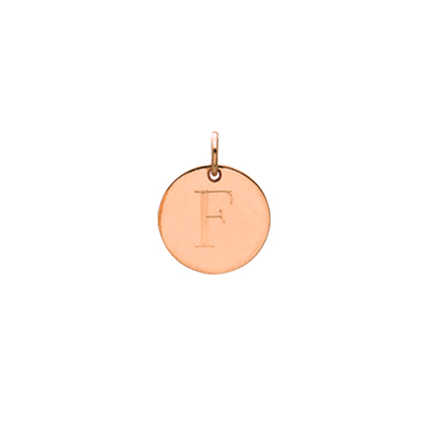 Engraved initial F disc charm in rose gold-fill, front view gold-fill variant--F variant--Rose-gold-fill