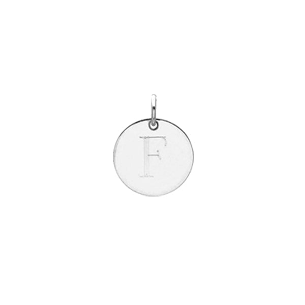 Engraved initial F disc charm in sterling silver, front view variant--F variant--Sterling-silver