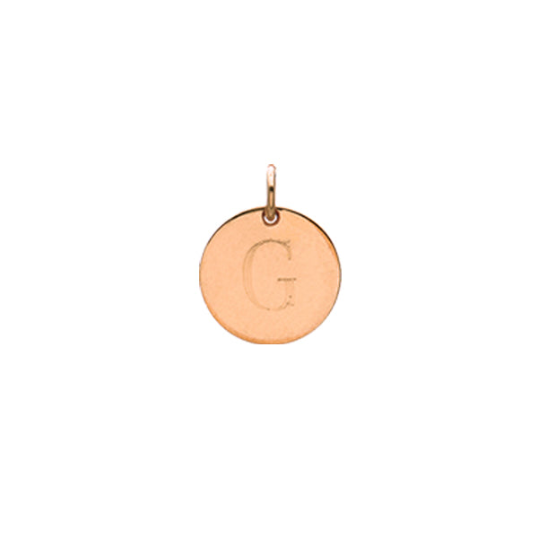 Engraved initial G disc charm in rose gold-fill, front view gold-fill variant--G variant--Rose-gold-fill