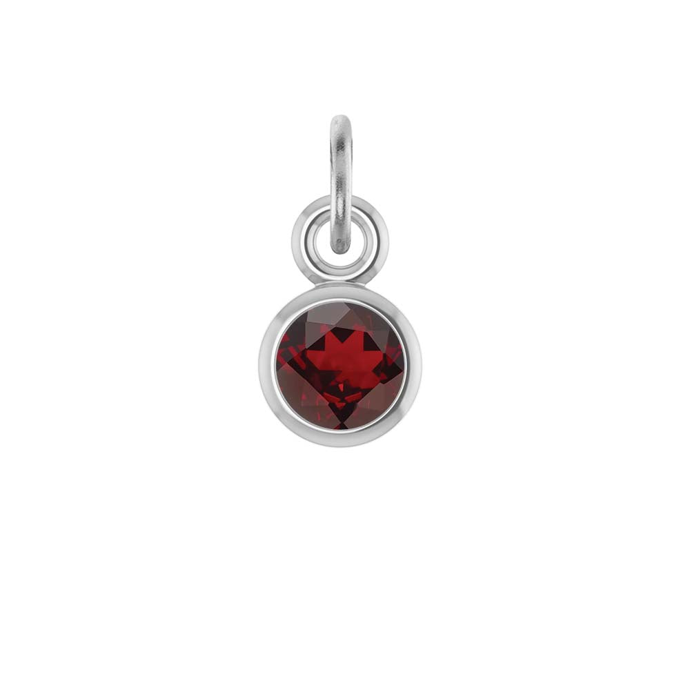 Garnet birthstone charm bezel-set in 14k white gold — elegant January gemstone jewelry.