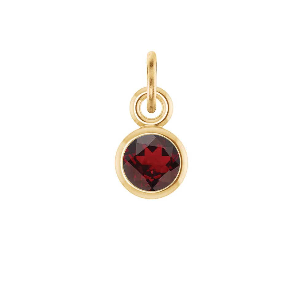 January Garnet birthstone charm bezel-set in 14k gold — handcrafted personalized jewelry.