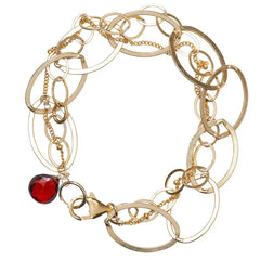 Natural garnet woven chain bracelet in 14K gold-fill, close-up of setting