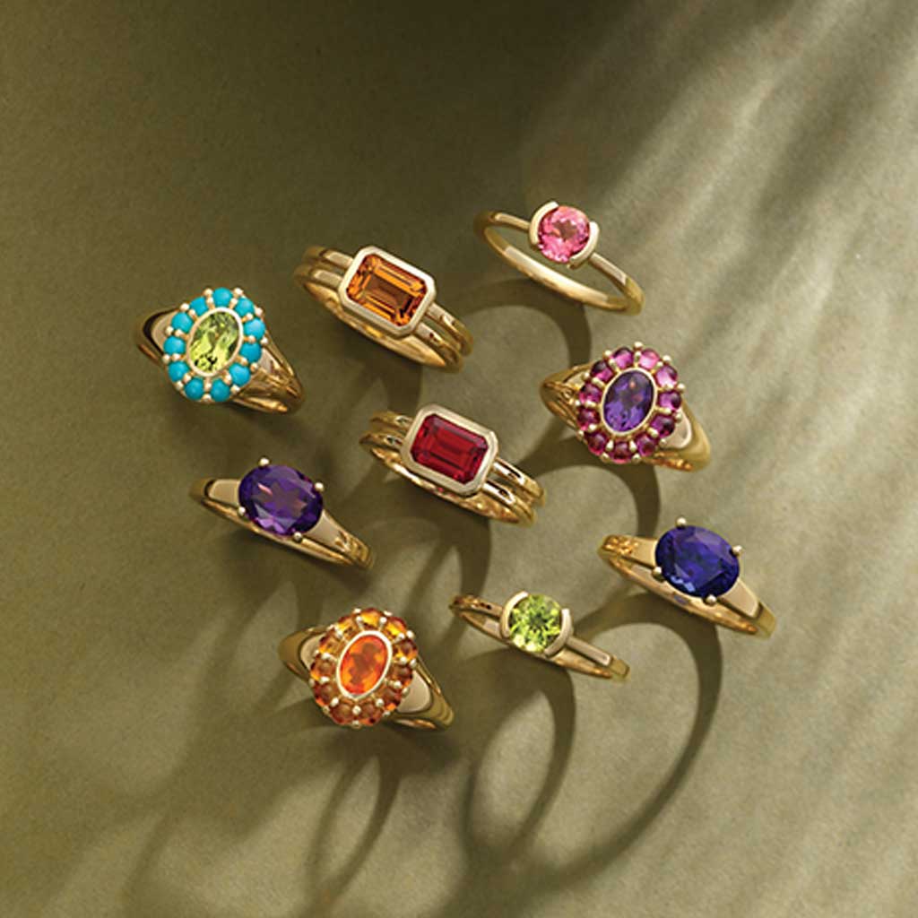 Editorial collection of emerald-cut cocktail rings in vibrant gemstone colors