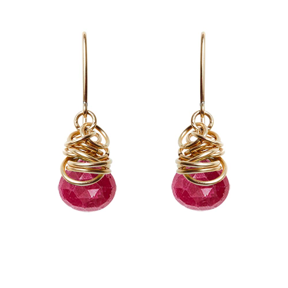 Handmade Ruby dangle earrings in Gold-fill for perfect birthstone gift