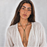 Green braided chain and silk lariat necklace in 14K gold-fill, worn long on model