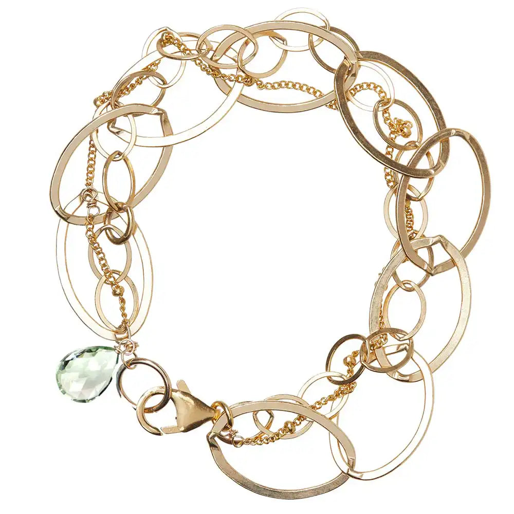 Natural green amethyst woven chain bracelet in 14K gold-fill, close-up of setting in sterling silver variant--Gold-fill