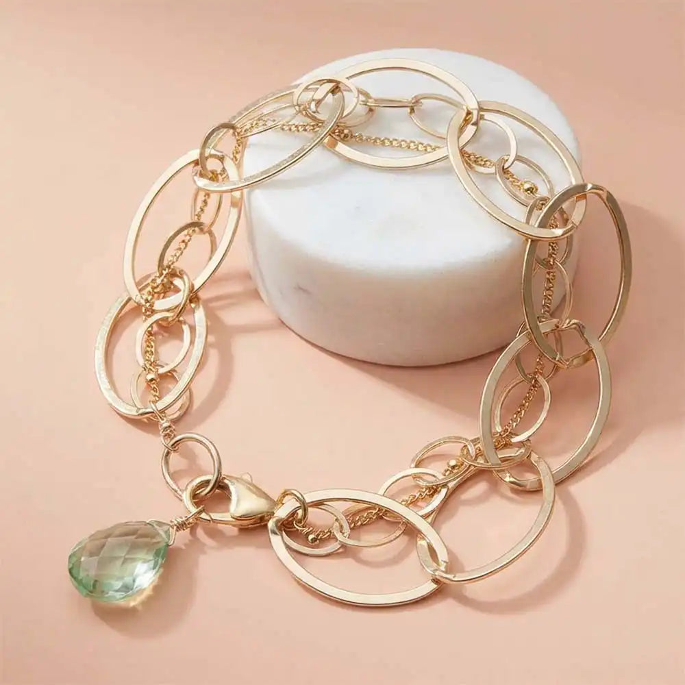 Natural green amethyst woven chain bracelet in gold variant--Gold-fill variant--Sterling-silver variant--Oxidized-sterling-silver variant--Green-Amethyst