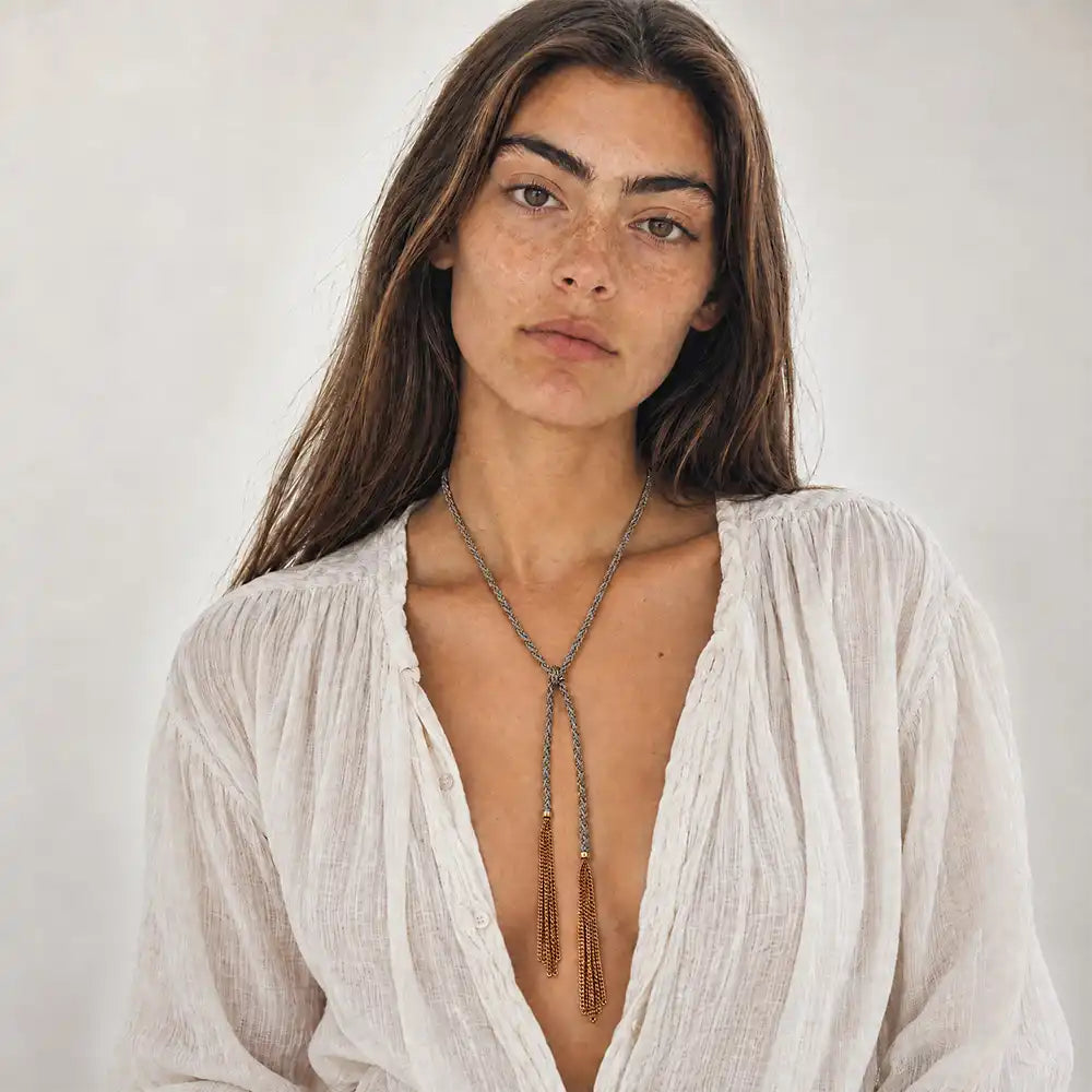 Grey braided chain and silk lariat necklace in 14K gold-fill, worn long on model