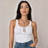 Grey braided chain and silk lariat necklace in 14K gold-fill, wrapped on model