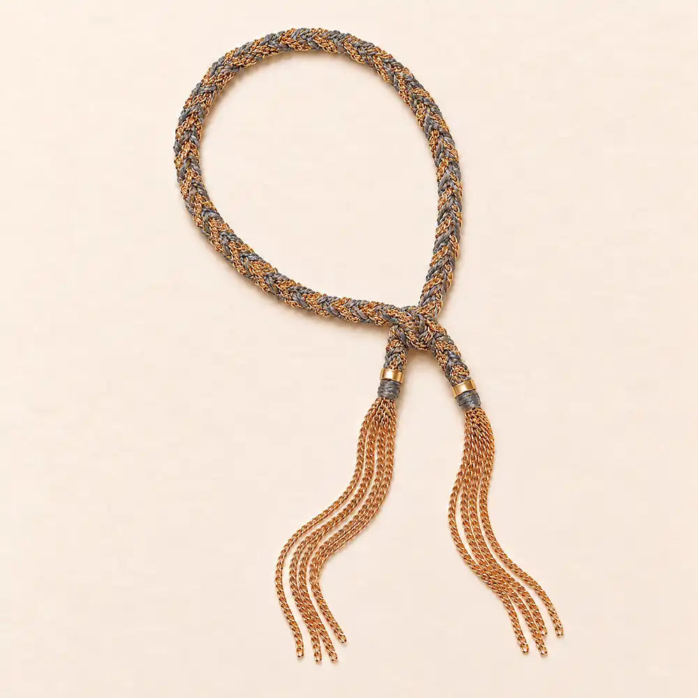 Grey braided chain and silk tassel bracelet in 14K gold-fill, flat lay