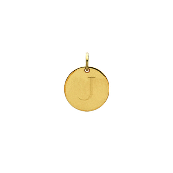 Engraved initial J disc charm in gold-fill, front view variant--J variant--Gold-fill