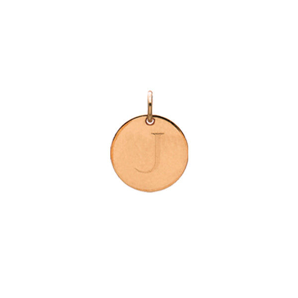 Engraved initial J disc charm in rose gold-fill, front view gold-fill variant--J variant--Rose-gold-fill