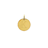 Engraved initial K disc charm in gold-fill, front view variant--K variant--Gold-fill