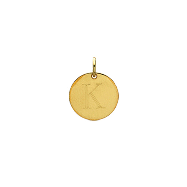 Engraved initial K disc charm in gold-fill, front view variant--K variant--Gold-fill