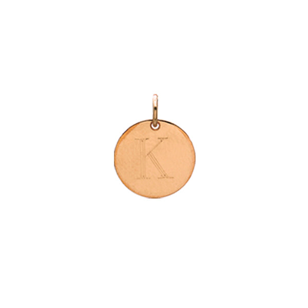 Engraved initial K disc charm in rose gold-fill, front view gold-fill variant--K variant--Rose-gold-fill