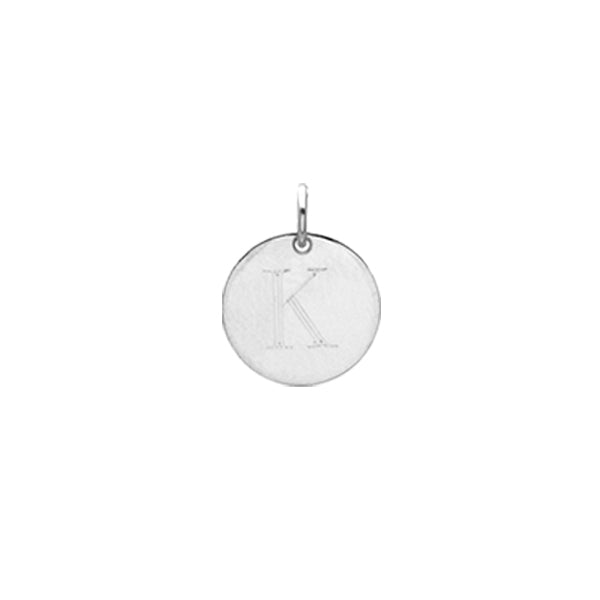 Engraved initial K disc charm in sterling silver, front view variant--K variant--Sterling-silver