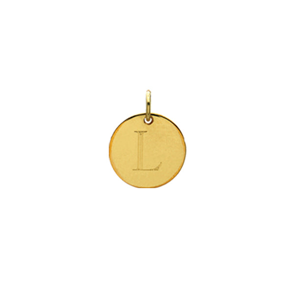 Engraved initial L disc charm in gold-fill, front view variant--L variant--Gold-fill