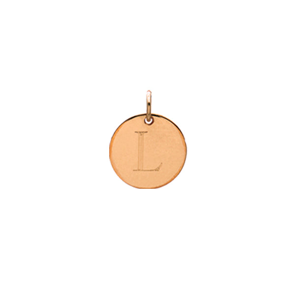 Engraved initial L disc charm in rose gold-fill, front view gold-fill variant--L variant--Rose-gold-fill