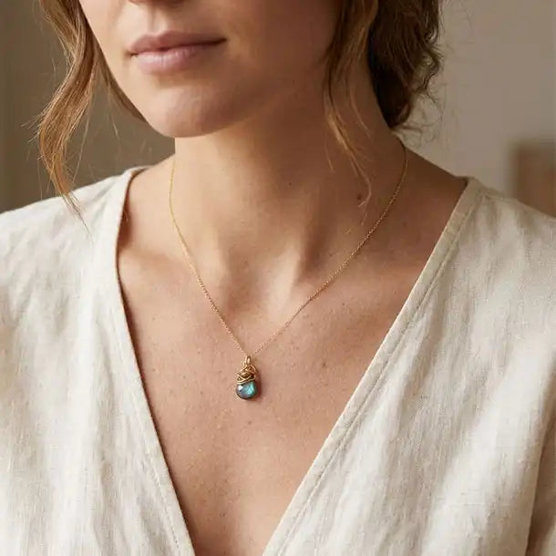 Natural labradorite pendant necklace in sterling silver, close-up of setting in gold-fill