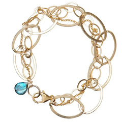 Natural labradorite woven chain bracelet in 14K gold-fill, close-up of setting in