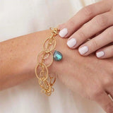 Natural labradorite woven chain bracelet in sterling silver, close-up of setting in gold-fill