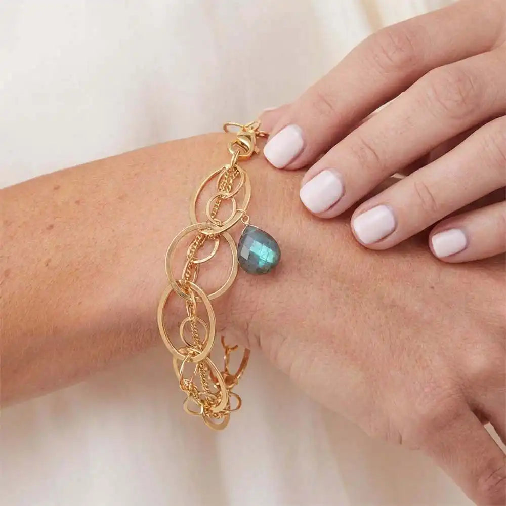 Natural labradorite woven chain bracelet in sterling silver, close-up of setting in gold-fill