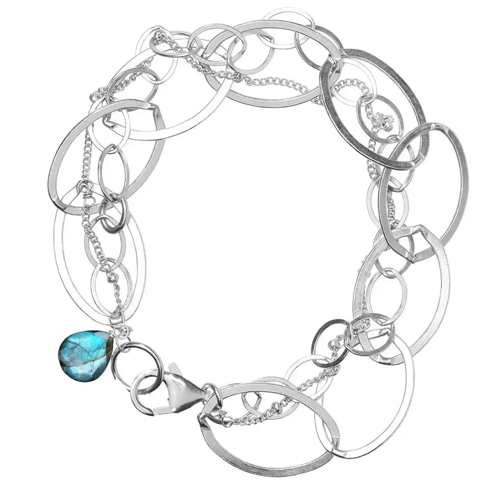 Natural labradorite woven chain bracelet in sterling silver, side view detail silver variant--Sterling-silver