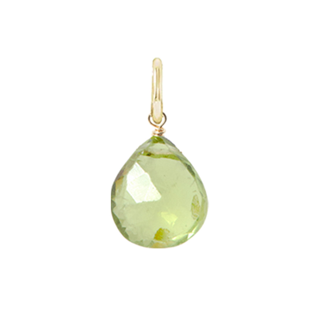 Teardrop-shaped peridot gemstone in 12mm, wire-wrapped in gold-fill for minimalist styling.