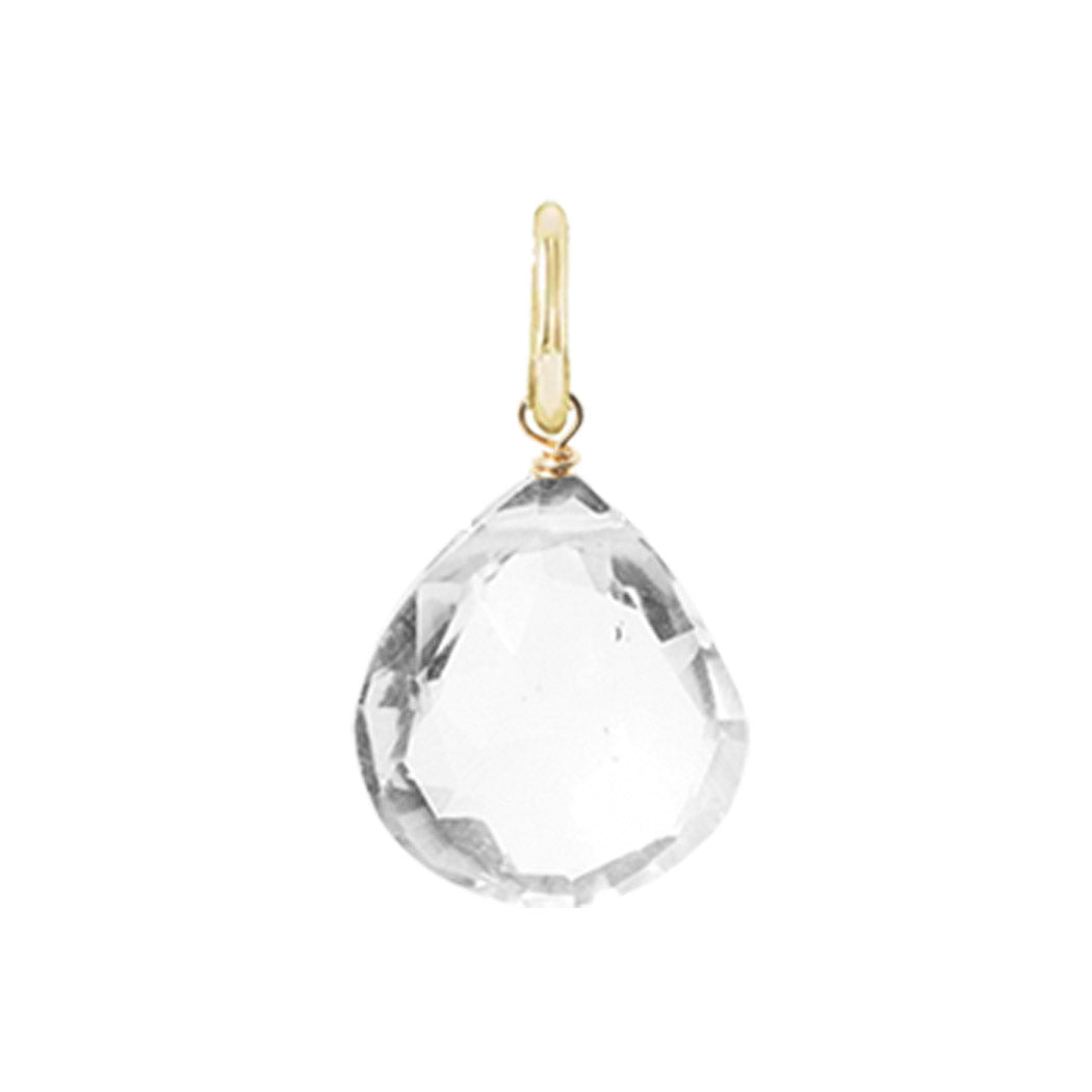 Petite white topaz gemstone in briolette cut, 12mm, finished with elegant gold-fill wirework.