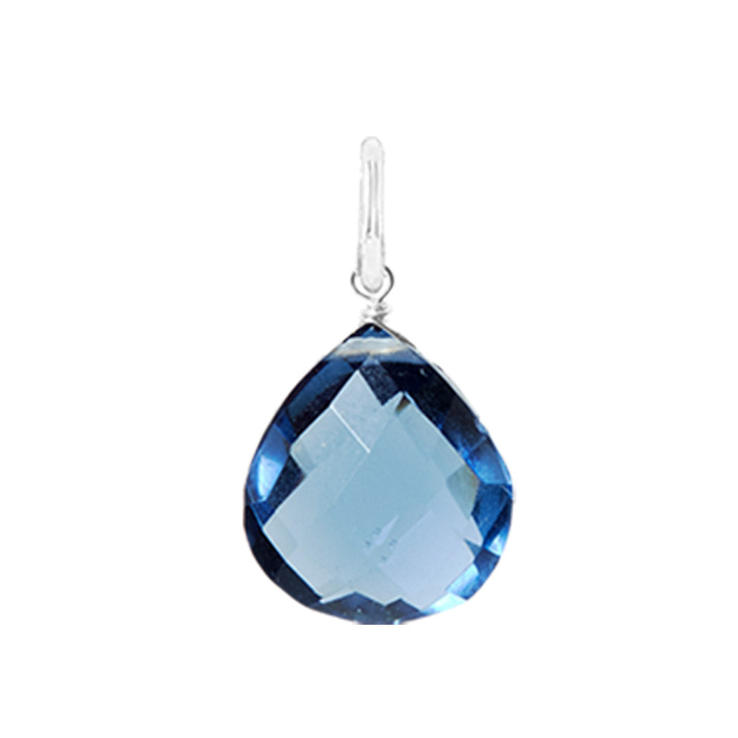 Teardrop-shaped london topaz gemstone in 12mm, wire-wrapped in sterling silver for minimalist styling.