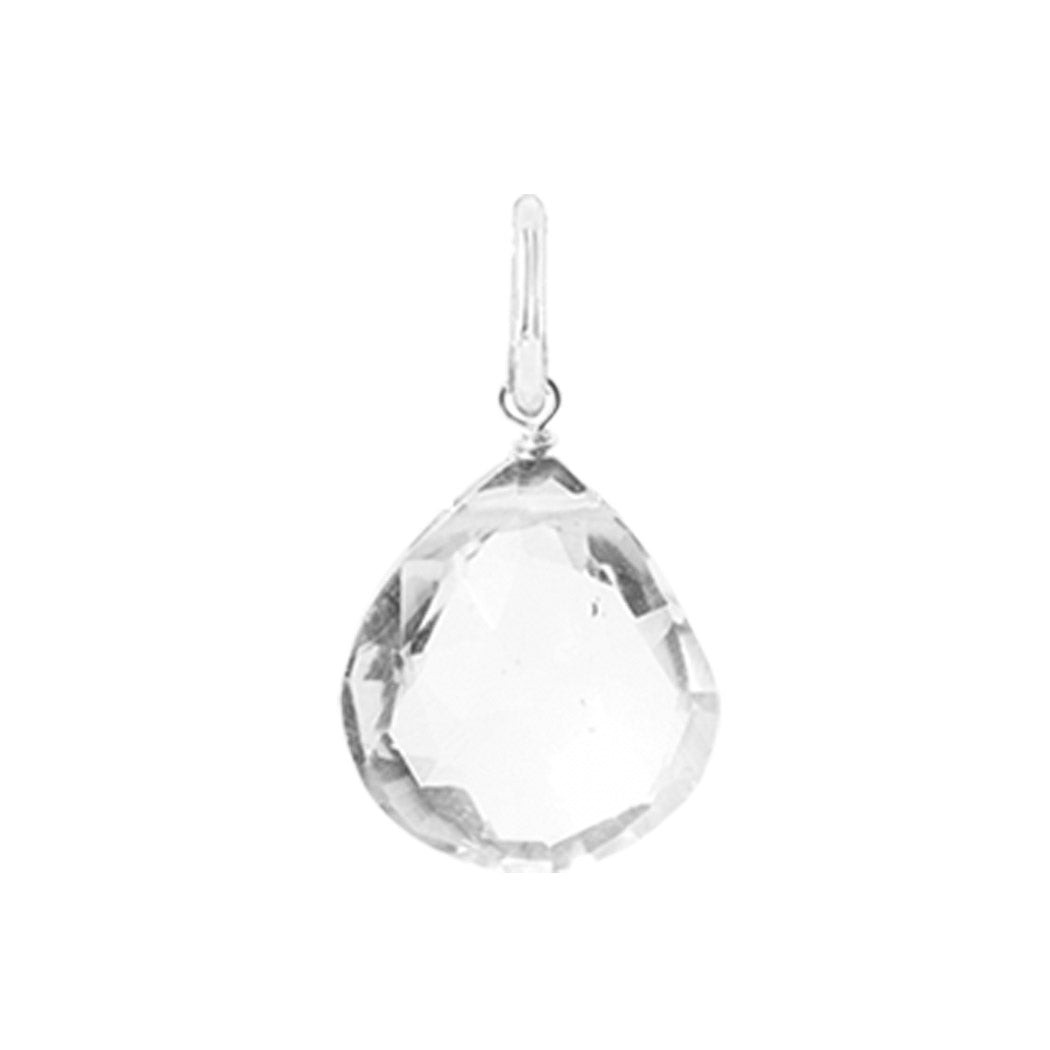 Glowing white topaz briolette gemstone charm, 12mm, handcrafted with sterling silver wrap detail.