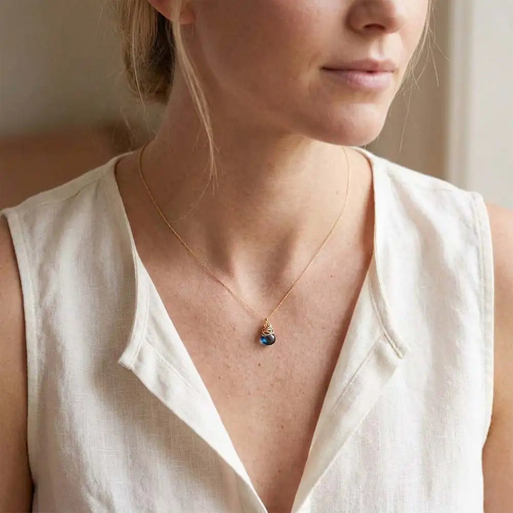 Handmade designer london topaz pendant necklace shown on model variant--Gold-fill variant--Rose-Gold-fill variant--Sterling-silver variant--Oxidized-sterling-silver variant--London-Topaz