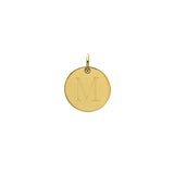 Engraved initial M disc charm in gold-fill, front view variant--M variant--Gold-fill