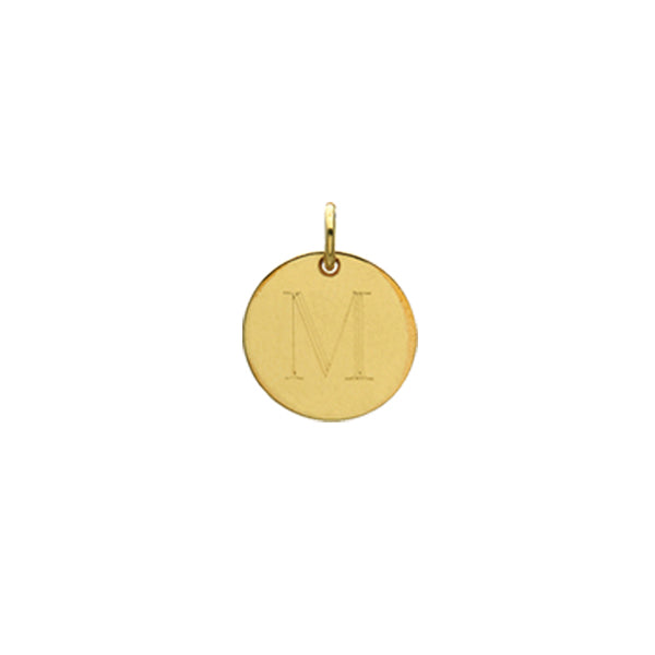 Engraved initial M disc charm in gold-fill, front view variant--M variant--Gold-fill