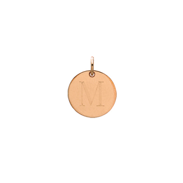 Engraved initial M disc charm in rose gold-fill, front view gold-fill variant--M variant--Rose-gold-fill