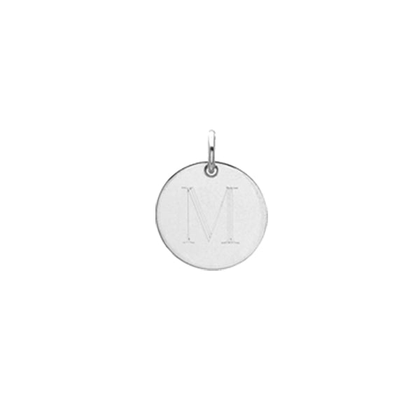 Engraved initial M disc charm in sterling silver, front view variant--M variant--Sterling-silver